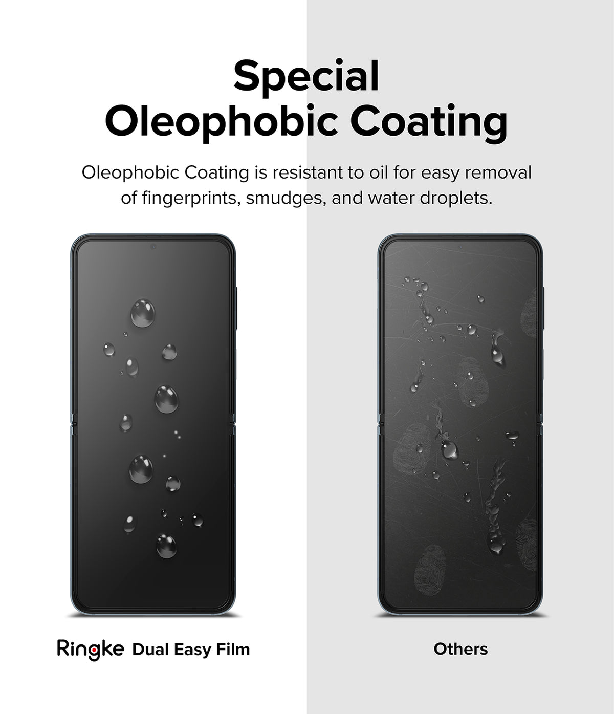 Galaxy Z Flip 4 Screen Protector | Dual Easy Film - Comparison showing water beading on Ringke film vs smudges on others.
