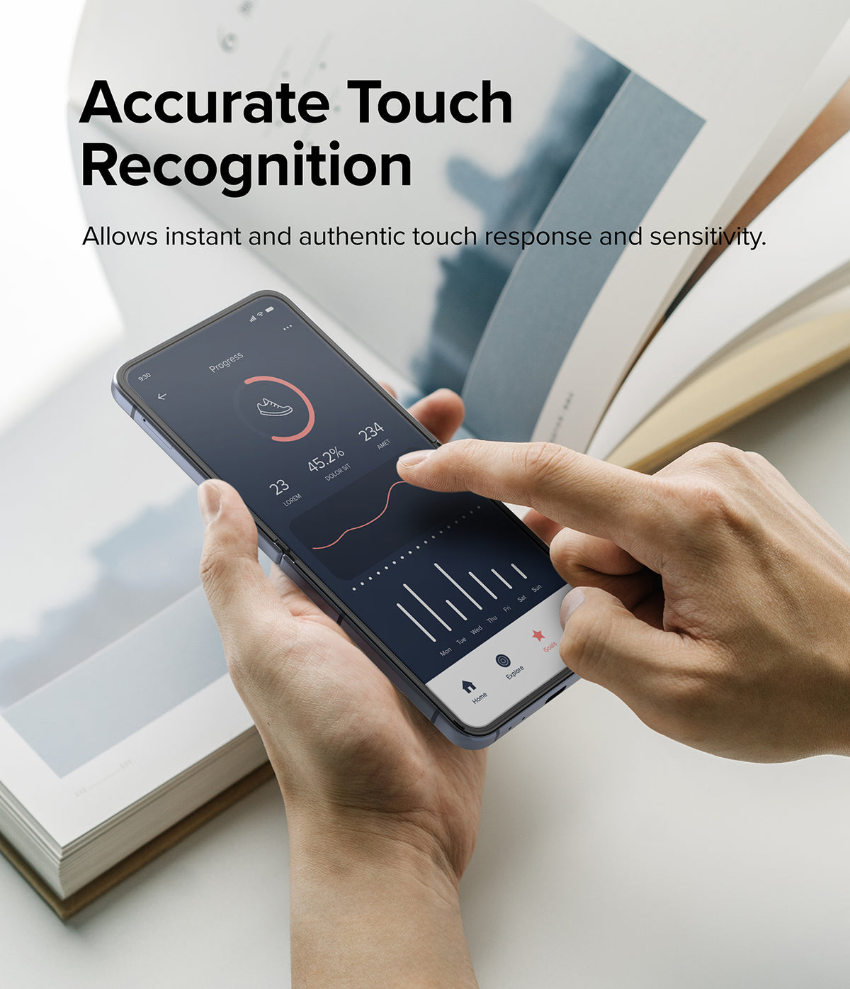 Galaxy Z Flip 4 Screen Protector | Dual Easy Film - Galaxy Z Flip 4 Screen Protector - Hand touching a smartphone screen displaying a fitness app interface.