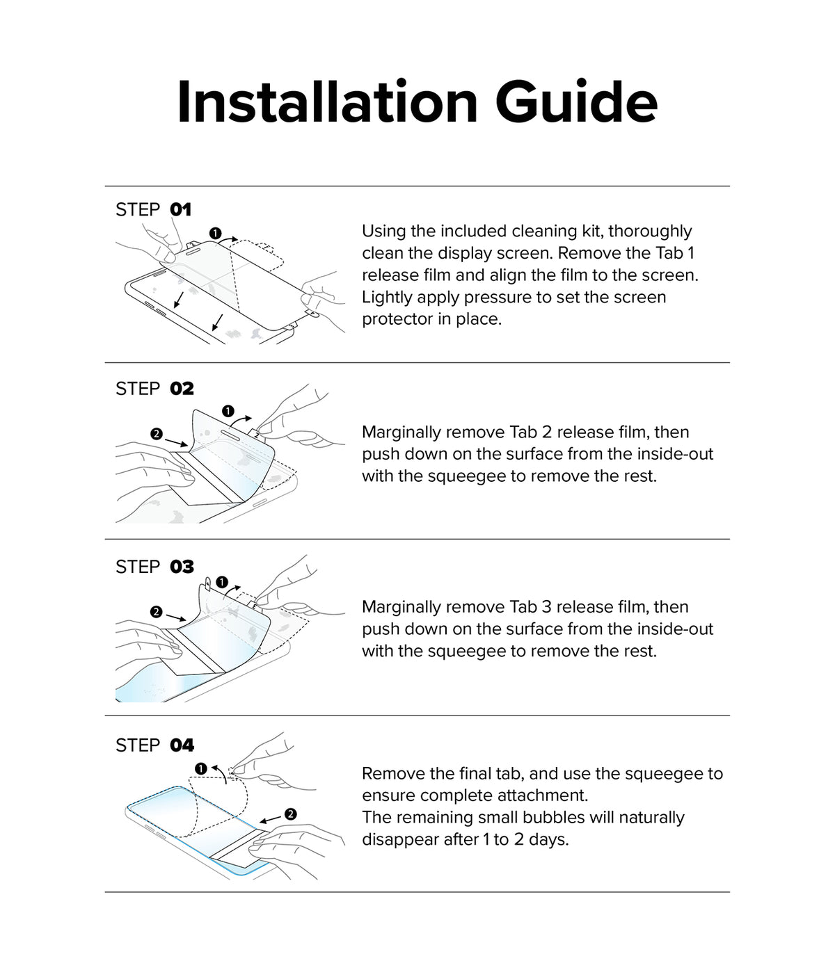 Galaxy Z Flip 4 Screen Protector | Dual Easy Film - Four-step illustrated guide for applying a screen protector.