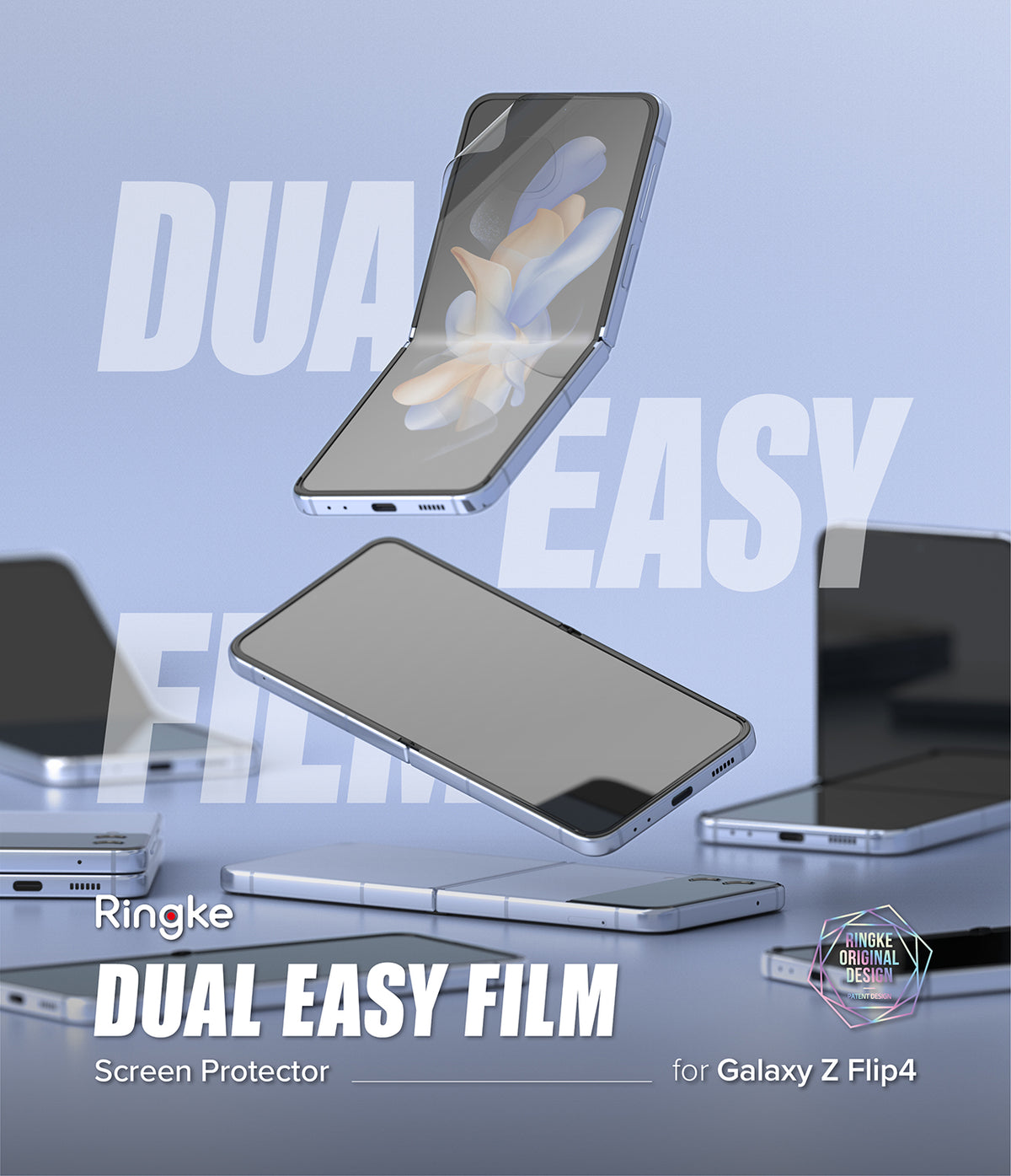 Galaxy Z Flip 4 Screen Protector | Dual Easy Film - Galaxy Z Flip 4 Screen Protector - Floating Galaxy Z Flip 4 phones with screen film application against a blue background.