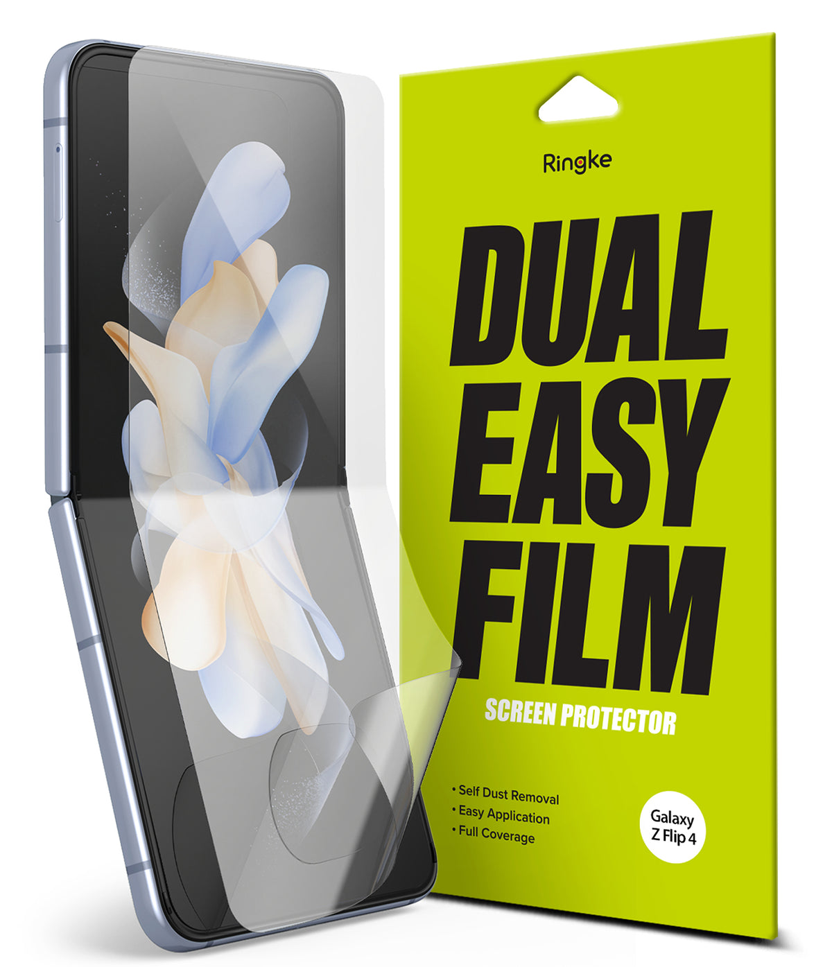 Galaxy Z Flip 4 Screen Protector | Dual Easy Film - Galaxy Z Flip 4 Screen Protector - A transparent film being applied to a Galaxy Z Flip 4 next to its lime green packaging.