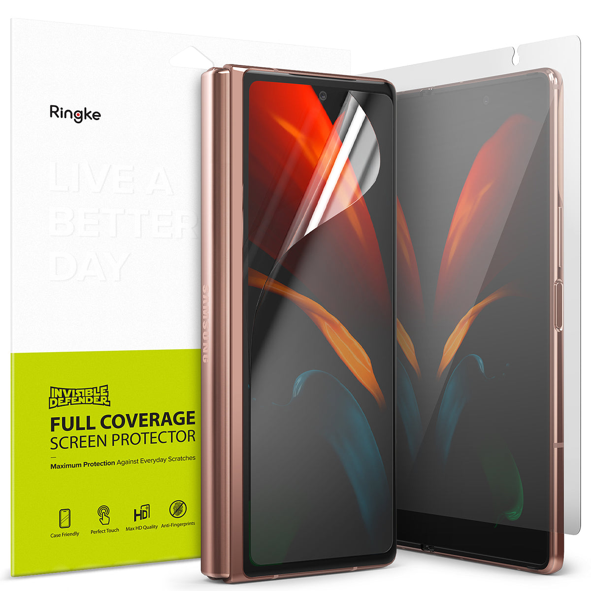 Galaxy Z Fold 2 Screen Protector | Invisible Defender - Galaxy Z Fold 2 Screen Protector - Ringke Invisible Defender film applied to a bronze Samsung Galaxy Z Fold 2 smartphone.
