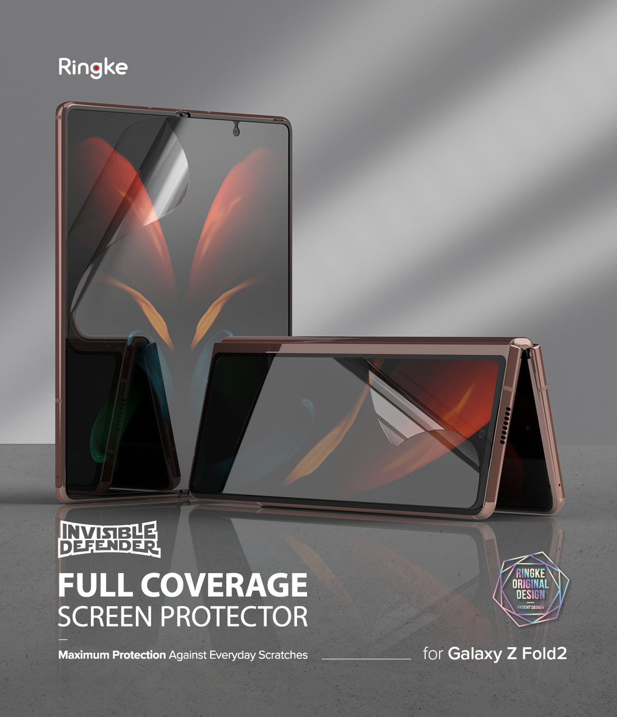 Galaxy Z Fold 2 Screen Protector | Invisible Defender - Galaxy Z Fold 2 Screen Protector - Two bronze Galaxy Z Fold 2 phones with clear screen protectors being applied.