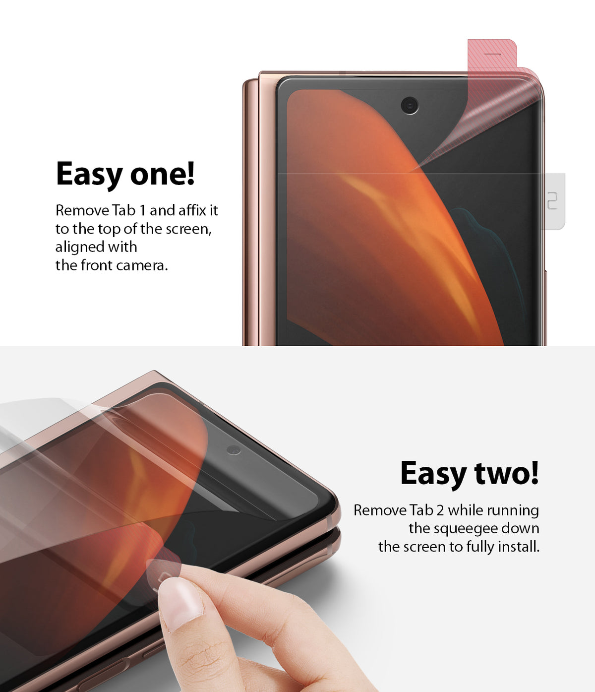 Galaxy Z Fold 2 Screen Protector | Invisible Defender - Galaxy Z Fold 2 Screen Protector - Two-step installation guide showing a screen protector being applied to a smartphone.