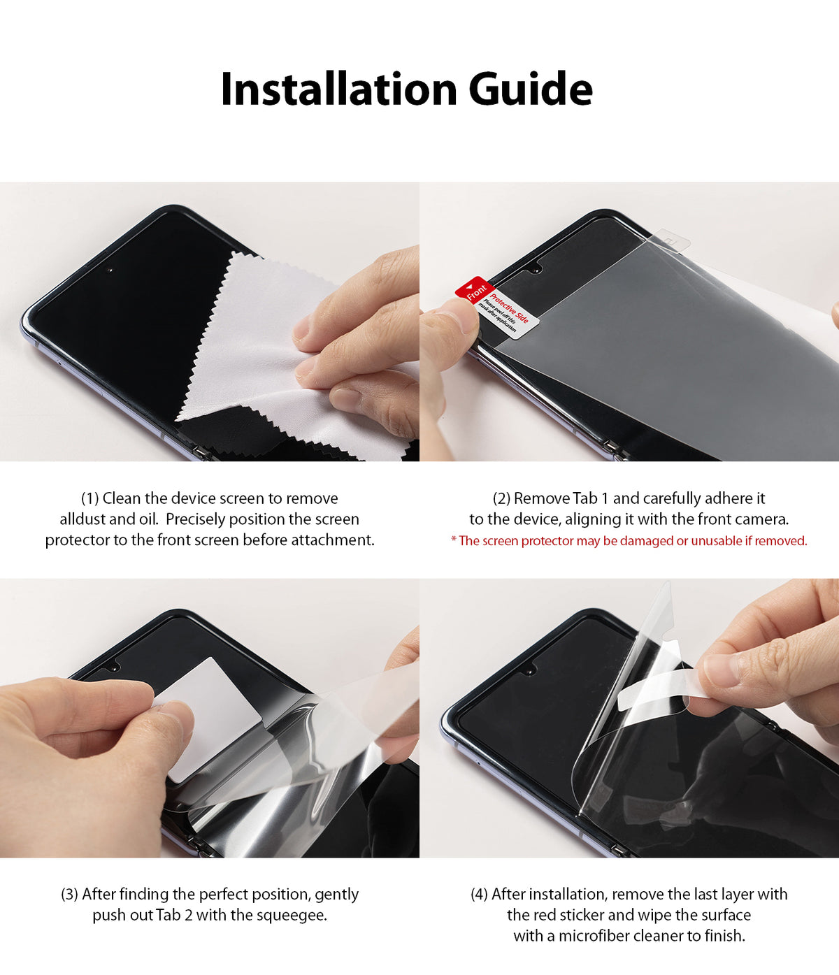 Galaxy Z Fold 2 Screen Protector | Invisible Defender - Galaxy Z Fold 2 Screen Protector - Four-step installation guide showing hands applying a film to a smartphone screen.