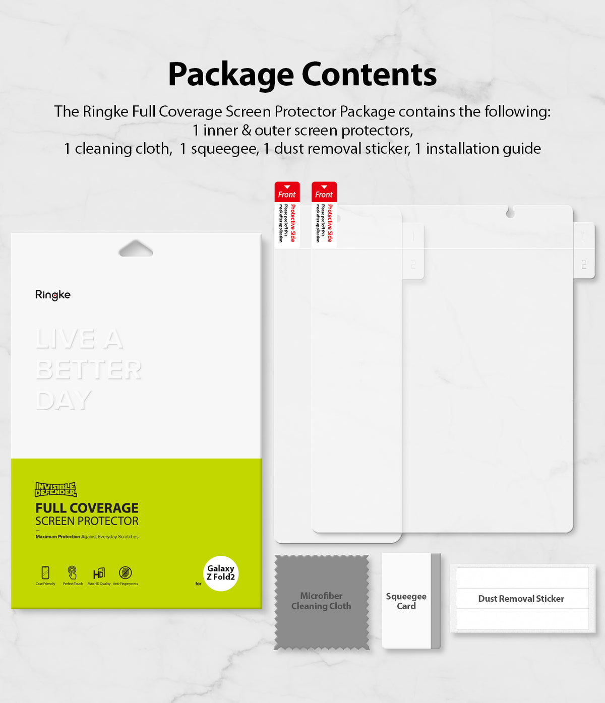 Galaxy Z Fold 2 Screen Protector | Invisible Defender - Galaxy Z Fold 2 Screen Protector - Package contents including screen protectors, cleaning cloth, squeegee, and stickers.
