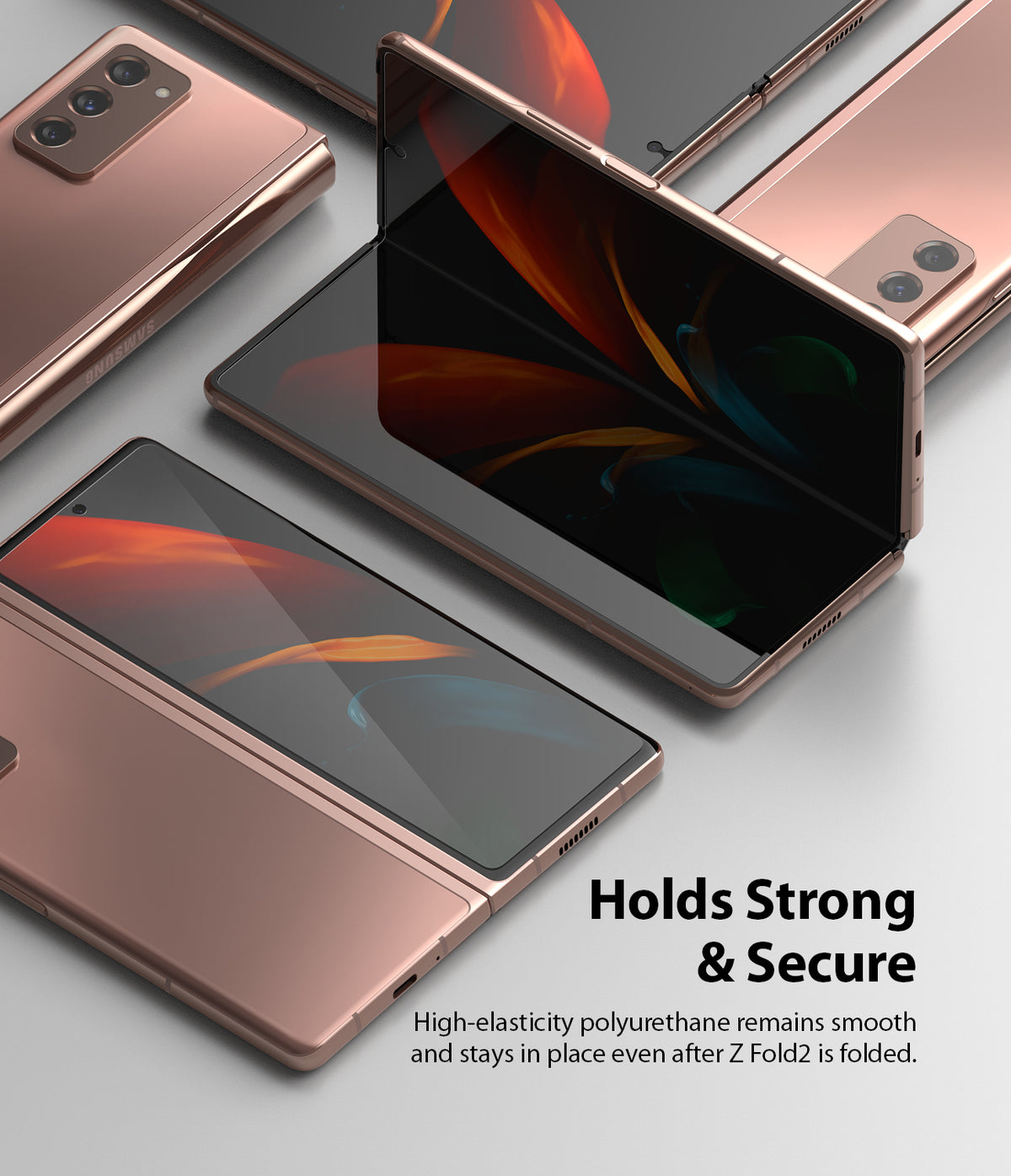 Galaxy Z Fold 2 Screen Protector | Invisible Defender - Galaxy Z Fold 2 Screen Protector - Multiple bronze Galaxy Z Fold 2 phones shown in folded and unfolded positions.