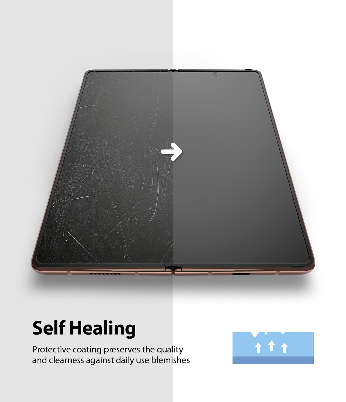 Galaxy Z Fold 2 Screen Protector | Invisible Defender - Galaxy Z Fold 2 Screen Protector - Split view showing a scratched screen transforming into a clear surface via self-healing.