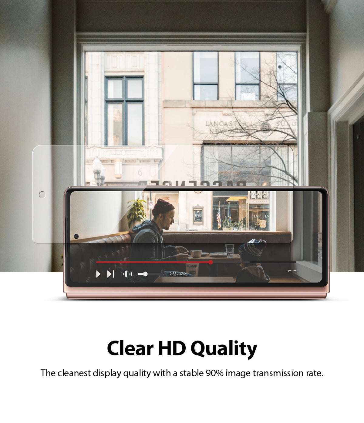 Galaxy Z Fold 2 Screen Protector | Invisible Defender - Transparent screen protector hovering over a folded smartphone.