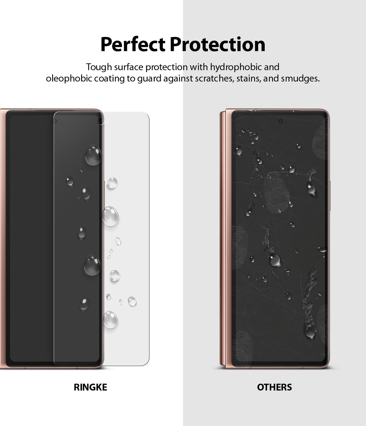 Galaxy Z Fold 2 Screen Protector | Invisible Defender - Galaxy Z Fold 2 Screen Protector - Comparison showing Ringke screen protector repelling water versus a smudged phone.