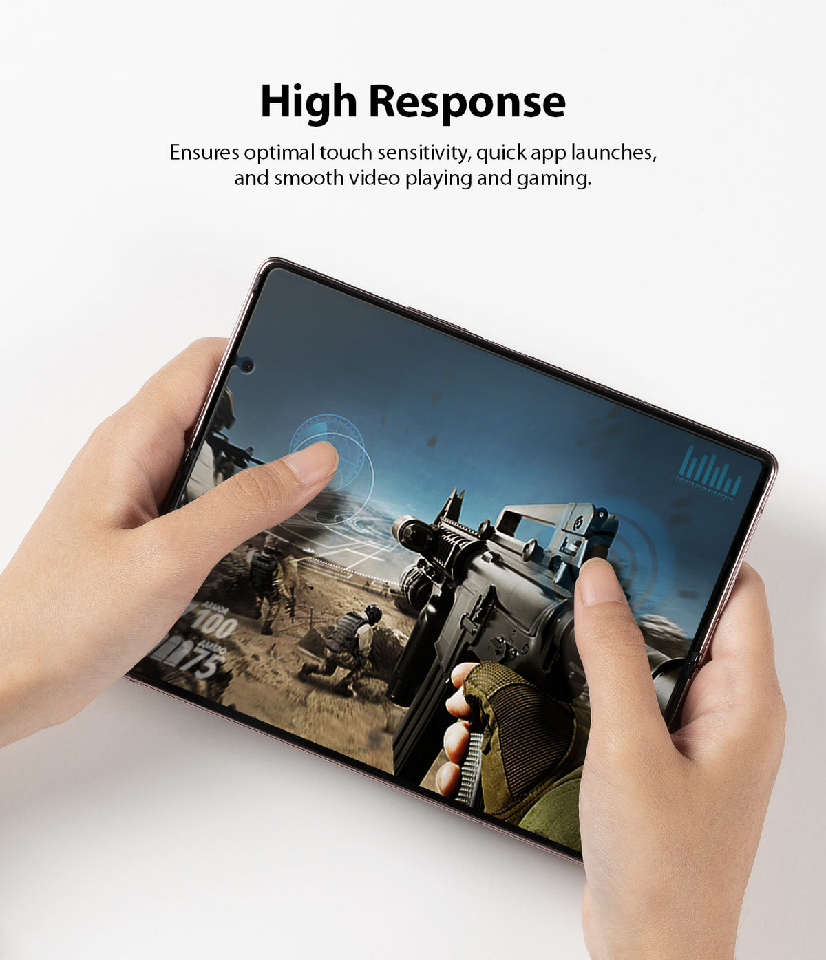 Galaxy Z Fold 2 Screen Protector | Invisible Defender - Galaxy Z Fold 2 Screen Protector - Hands holding a foldable phone displaying a first-person shooter game.