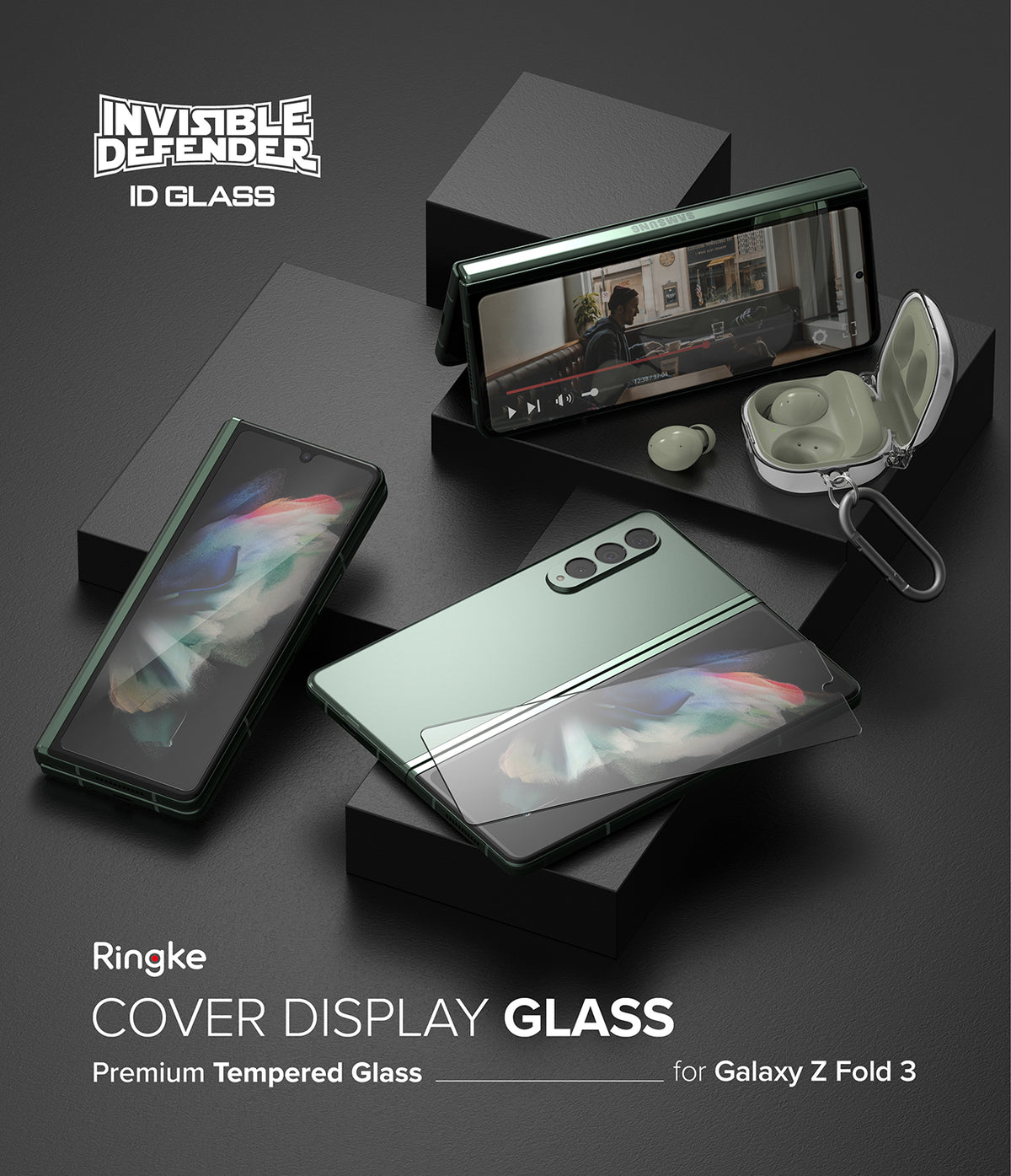 Galaxy Z Fold 3 Screen Protector | Cover Display Glass - Galaxy Z Fold 3 Screen Protector - Tempered glass screen protector for Galaxy Z Fold 3 cover display on black blocks.