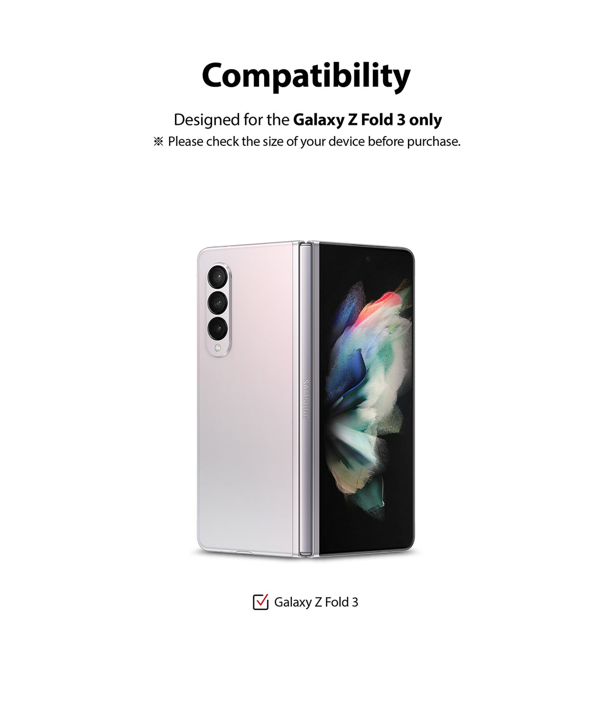 Galaxy Z Fold 3 Screen Protector | Cover Display Glass - Galaxy Z Fold 3 Screen Protector - A silver Galaxy Z Fold 3 smartphone shown partially folded against a white background.