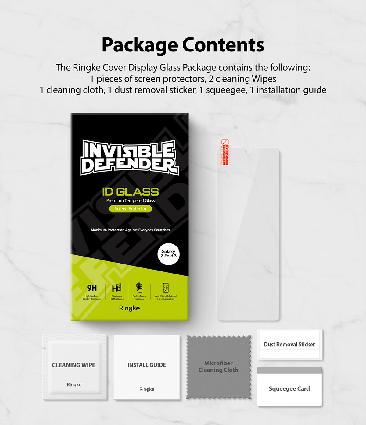 Galaxy Z Fold 3 Screen Protector | Cover Display Glass - Galaxy Z Fold 3 Screen Protector - Package contents including tempered glass, cleaning wipes, cloth, sticker, and squeegee.