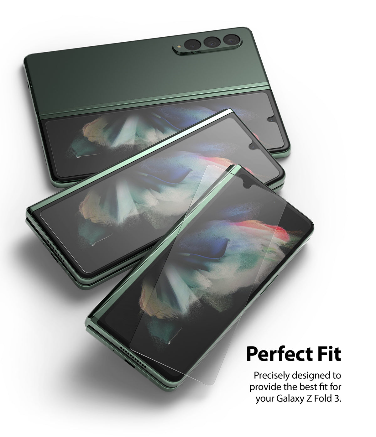 Galaxy Z Fold 3 Screen Protector | Cover Display Glass - Galaxy Z Fold 3 Screen Protector - Three green Galaxy Z Fold 3 phones with a clear glass screen protector being applied.
