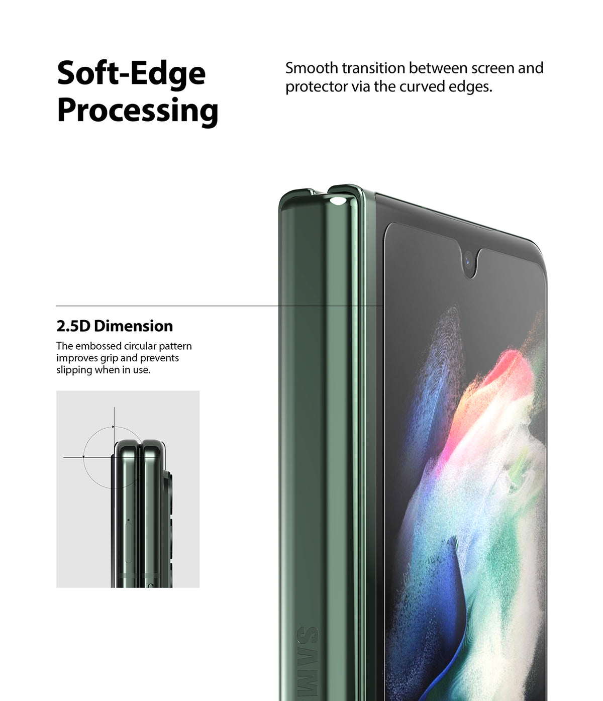 Galaxy Z Fold 3 Screen Protector | Cover Display Glass - Galaxy Z Fold 3 Screen Protector - Close-up of a green foldable phone showing soft-edge processing and 2.5D curved glass.