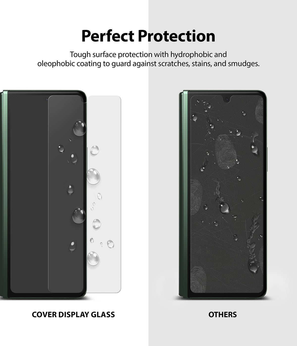 Galaxy Z Fold 3 Screen Protector | Cover Display Glass - Galaxy Z Fold 3 Screen Protector - Comparison showing a clean screen protector versus a smudged, unprotected phone.