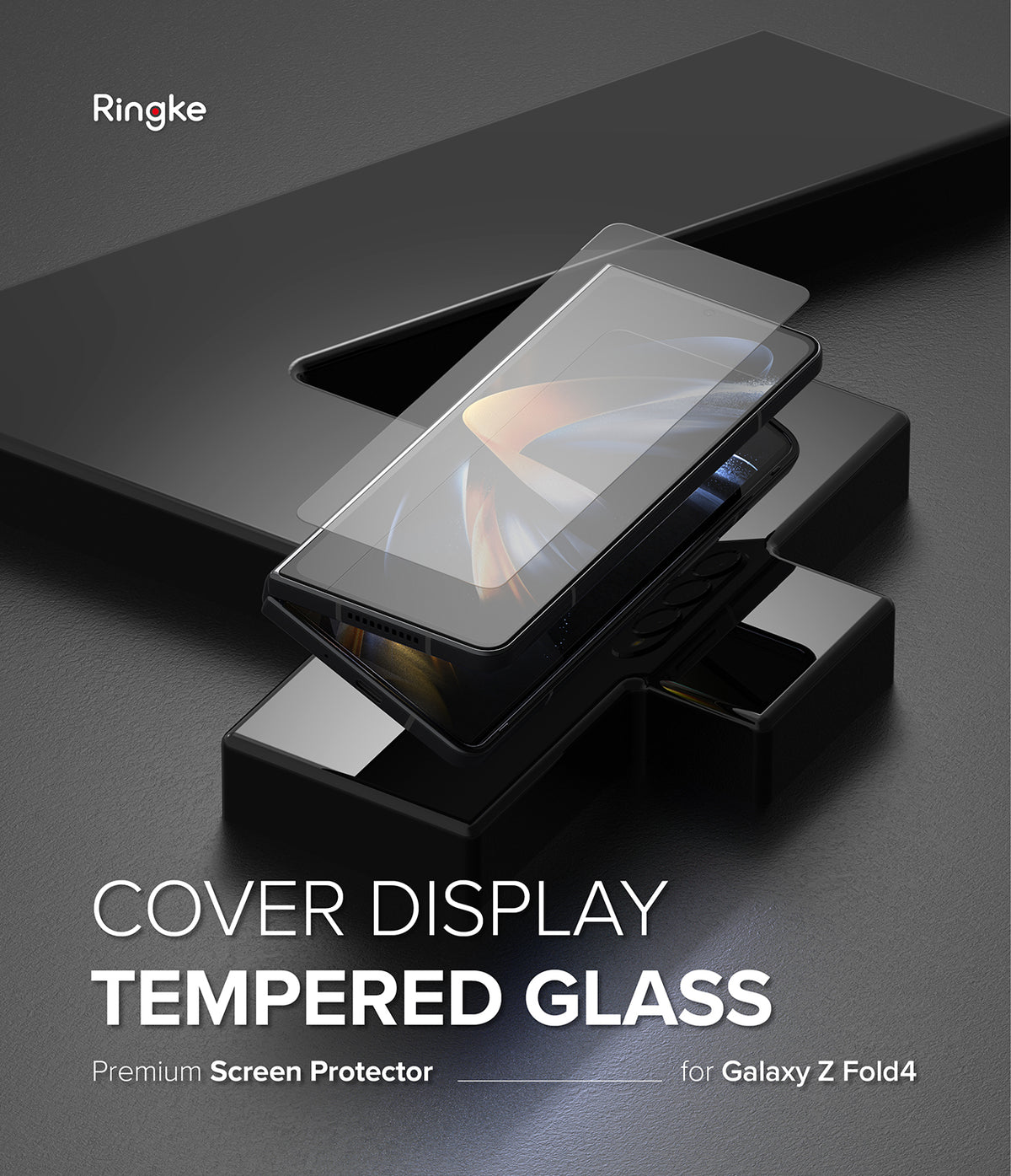 Galaxy Z Fold 4 Screen Protector | Cover Display Glass - Galaxy Z Fold 4 Screen Protector - Tempered glass screen protector hovering above a Galaxy Z Fold 4 on a black stand.