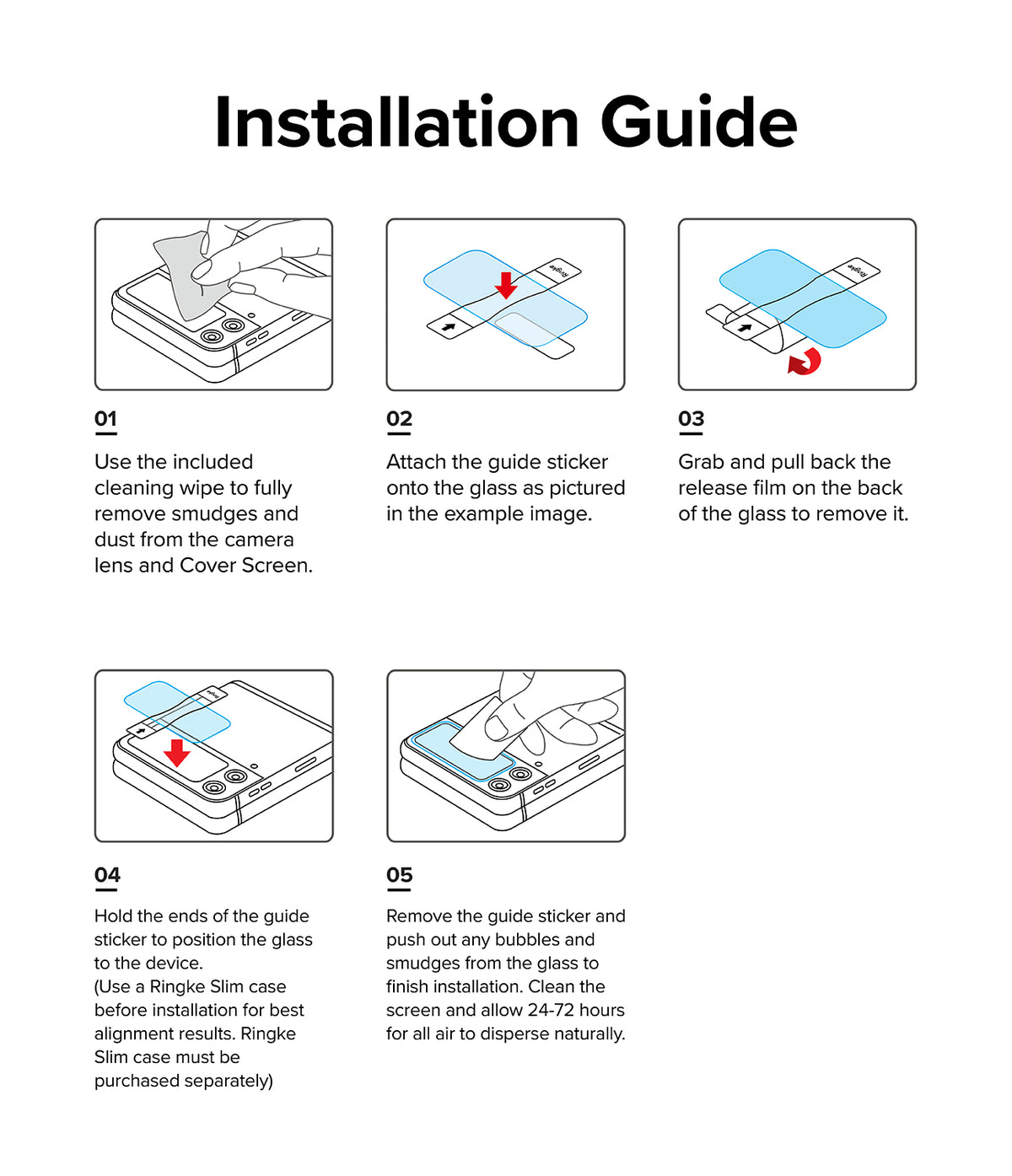 Galaxy Z Flip 4 Screen Protector | Cover Display Glass - Galaxy Z Flip 4 Screen Protector - Five-step illustrated guide for installing a glass cover display screen protector.