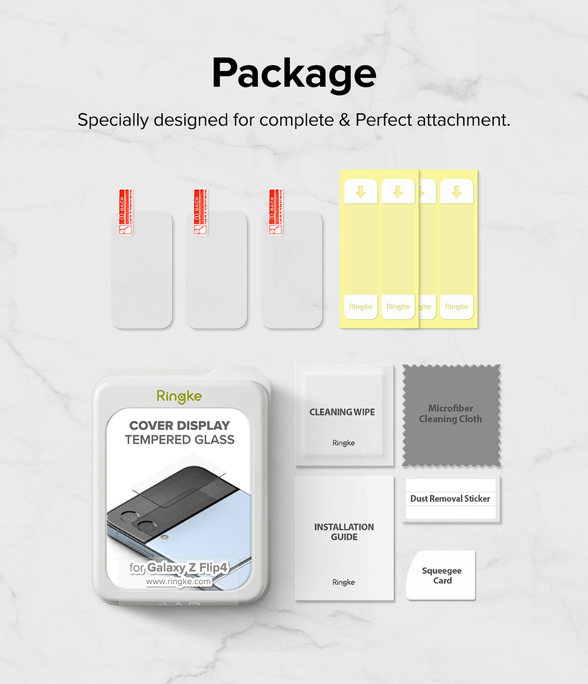 Galaxy Z Flip 4 Screen Protector | Cover Display Glass - Galaxy Z Flip 4 Screen Protector - Package contents including glass protectors, cleaning wipes, cloth, and installation tools.