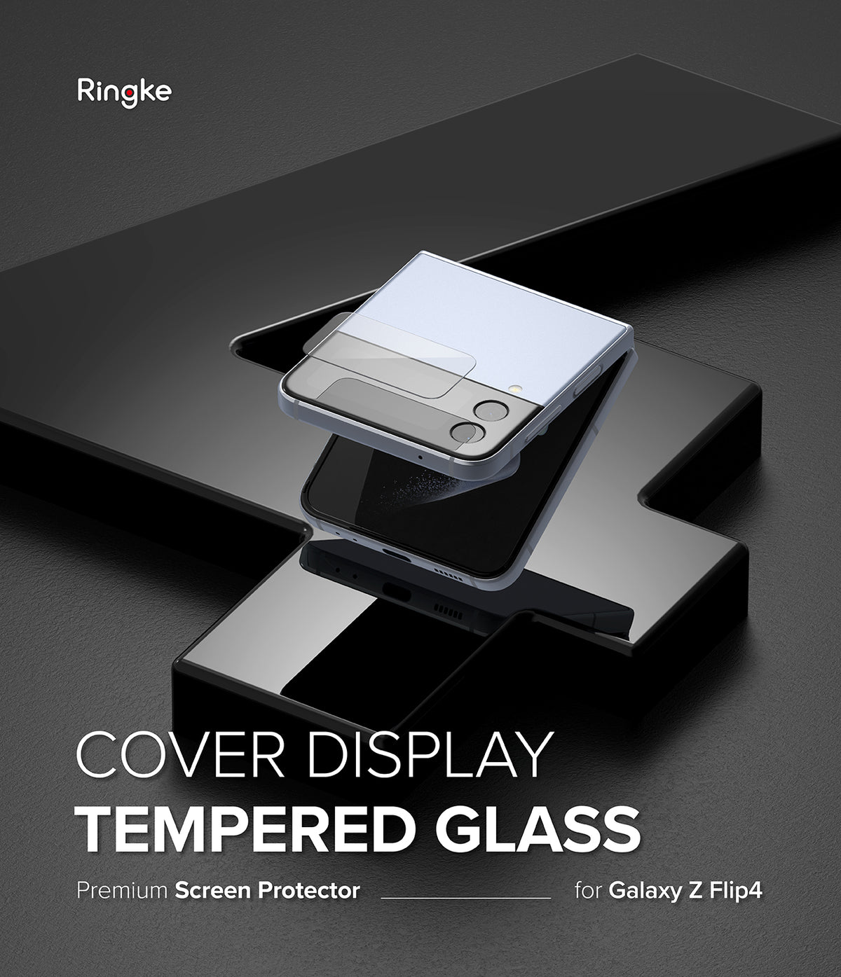 Galaxy Z Flip 4 Screen Protector | Cover Display Glass - Galaxy Z Flip 4 Screen Protector - Tempered glass cover display protector floating above a folded Galaxy Z Flip 4.