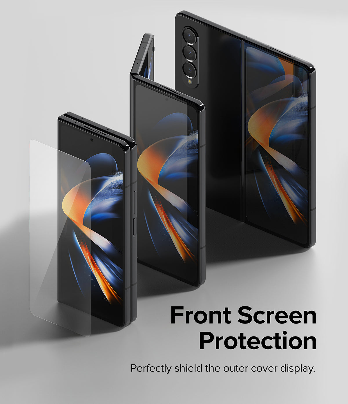 Galaxy Z Fold 4 Screen Protector | Cover Display Glass - Galaxy Z Fold 4 Screen Protector - Transparent glass protector hovering beside a black Galaxy Z Fold 4 smartphone.