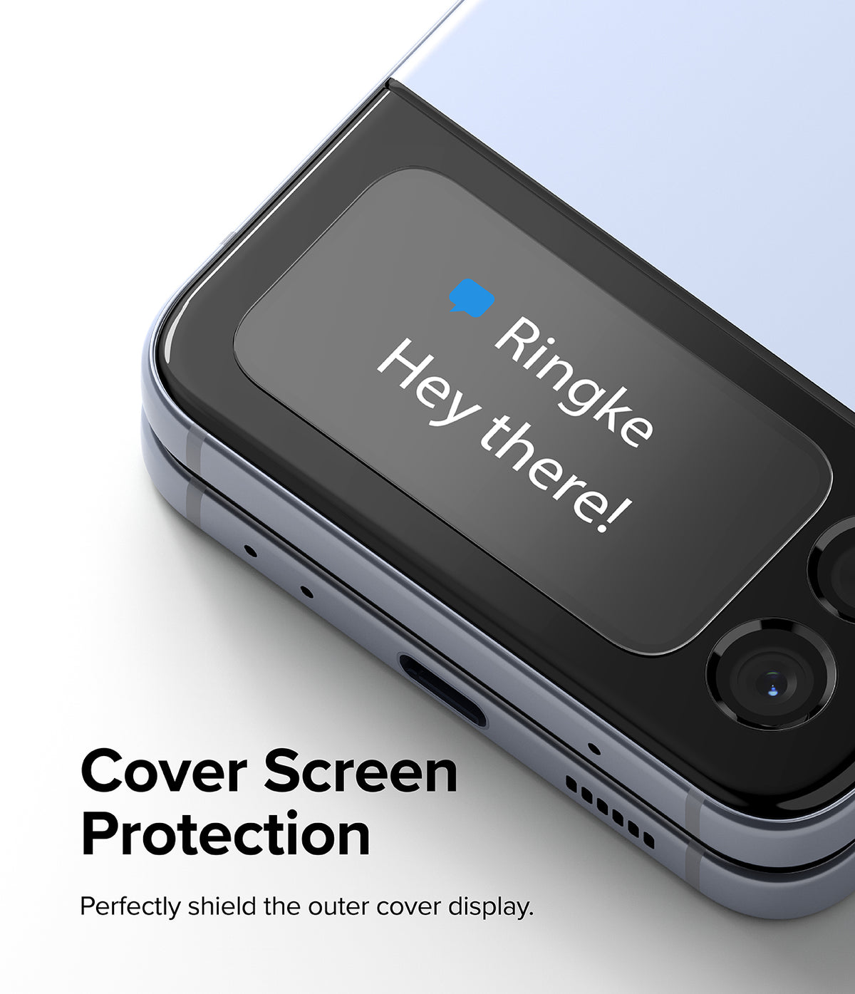 Galaxy Z Flip 4 Screen Protector | Cover Display Glass - Galaxy Z Flip 4 Screen Protector - Glass cover on a folded smartphone displaying a notification message.