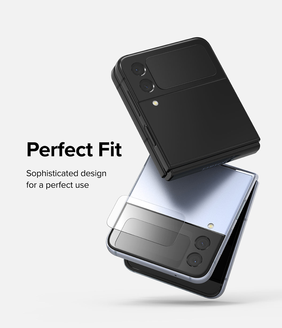Galaxy Z Flip 4 Screen Protector | Cover Display Glass - Galaxy Z Flip 4 Screen Protector - Two folded Galaxy Z Flip 4 phones with a transparent glass cover display protector.