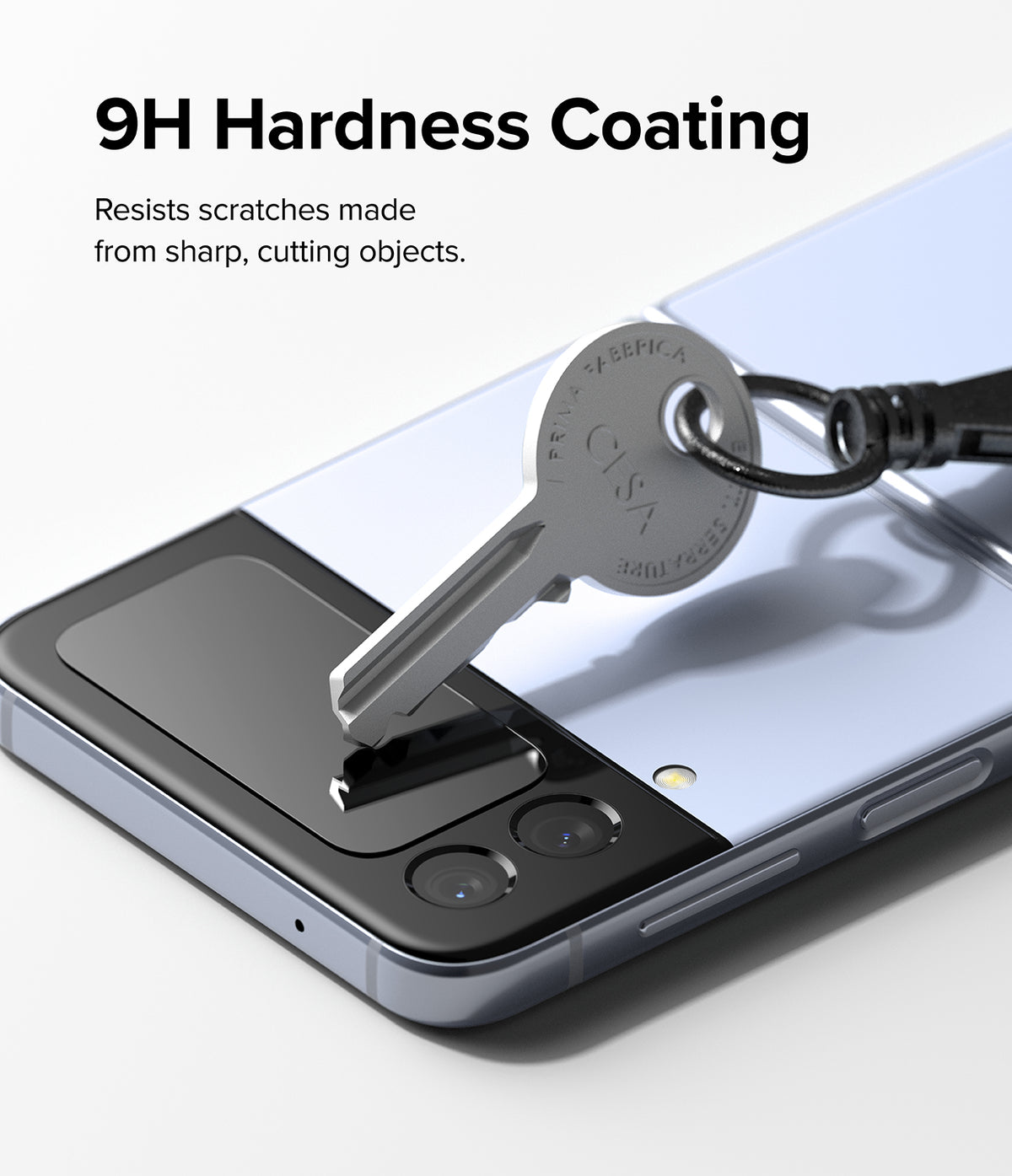 Galaxy Z Flip 4 Screen Protector | Cover Display Glass - Galaxy Z Flip 4 Screen Protector - A metal key pressing against the glass cover display of a light blue Galaxy Z Flip 4.