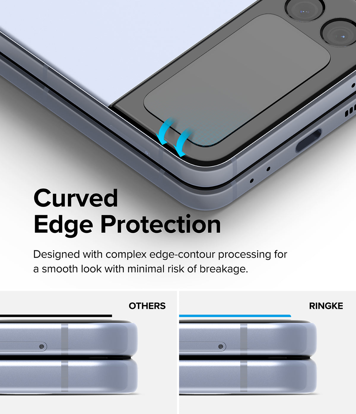 Galaxy Z Flip 4 Screen Protector | Cover Display Glass - Galaxy Z Flip 4 Screen Protector - Close-up of curved glass protector on phone cover display with comparison to flat edges.