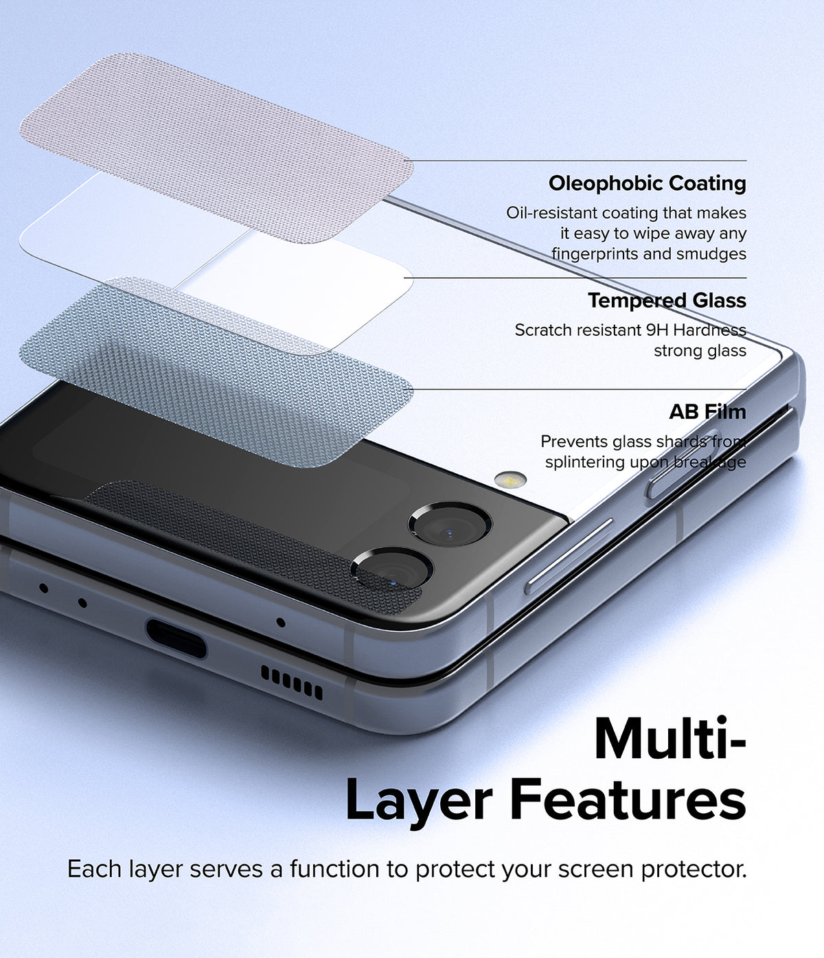 Galaxy Z Flip 4 Screen Protector | Cover Display Glass - Galaxy Z Flip 4 Screen Protector - Exploded view of screen protector layers: oleophobic coating, tempered glass, and AB film.
