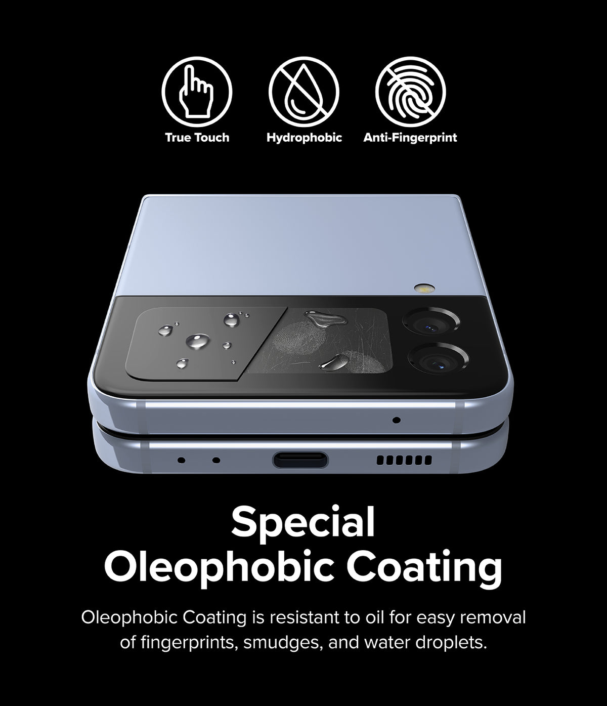 Galaxy Z Flip 4 Screen Protector | Cover Display Glass - Galaxy Z Flip 4 Screen Protector - Folded phone with oleophobic glass cover showing water resistance and fingerprint icons.