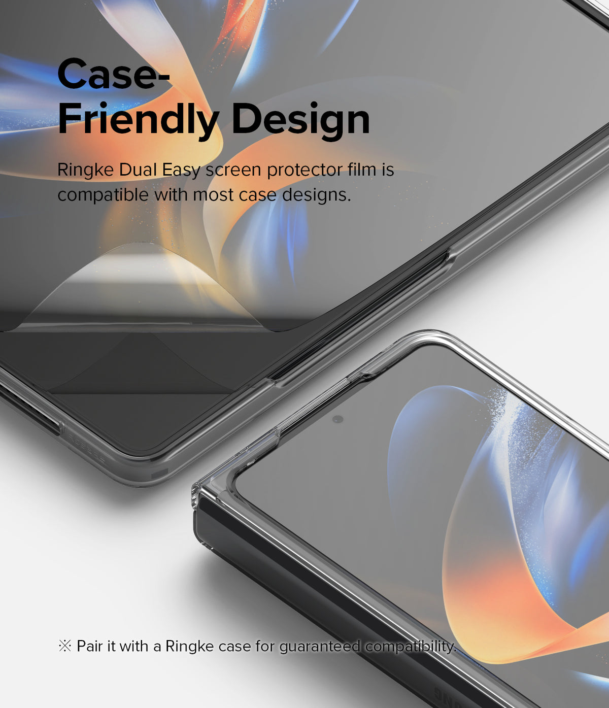 Galaxy Z Fold 4 Screen Protector | Dual Easy Film - Close-up of a phone with a screen protector showing case compatibility.