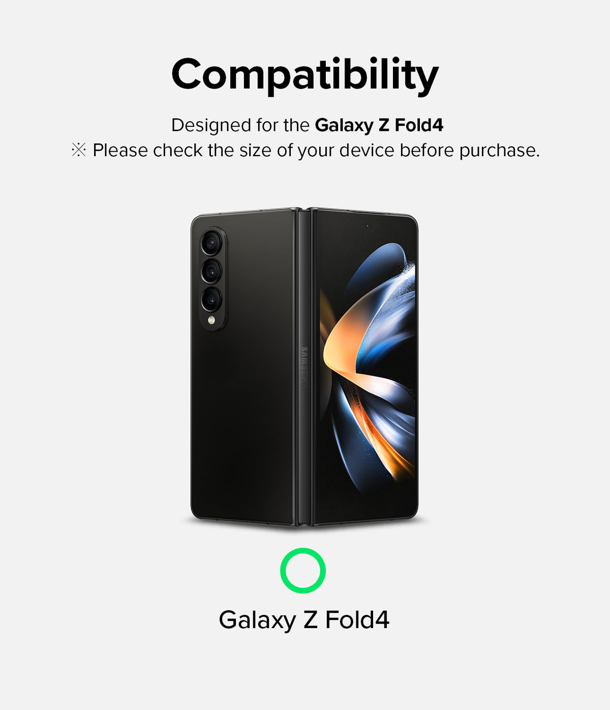 Galaxy Z Fold 4 Screen Protector | Dual Easy Film - Galaxy Z Fold 4 Screen Protector - A black Galaxy Z Fold4 smartphone shown folded, with text confirming compatibility.