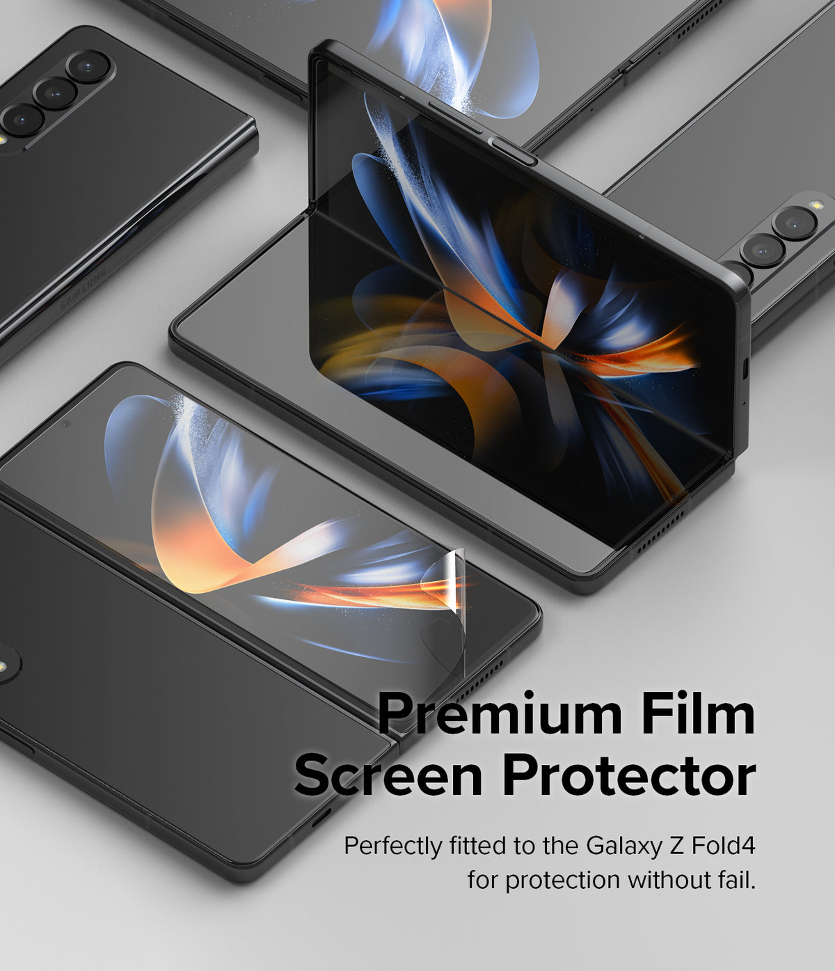 Galaxy Z Fold 4 Screen Protector | Dual Easy Film - Galaxy Z Fold 4 Screen Protector - Multiple Galaxy Z Fold4 phones with a clear film being applied to the screen.