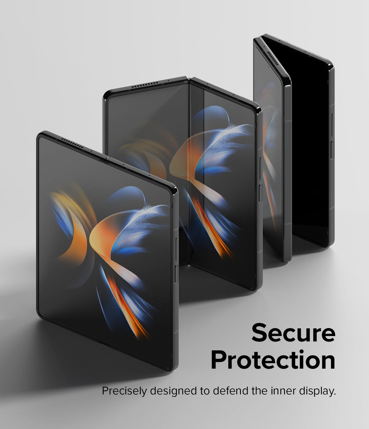 Galaxy Z Fold 4 Screen Protector | Dual Easy Film - Galaxy Z Fold 4 Screen Protector - Three black foldable phones in various open positions against a light gray background.