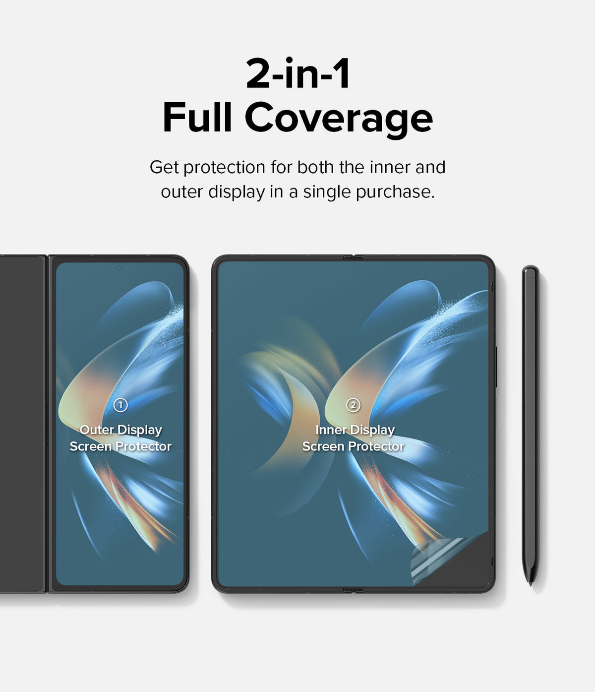 Galaxy Z Fold 4 Screen Protector | Dual Easy Film - Galaxy Z Fold 4 Screen Protector - Folded and unfolded phone screens with labeled protectors and a stylus on the right.