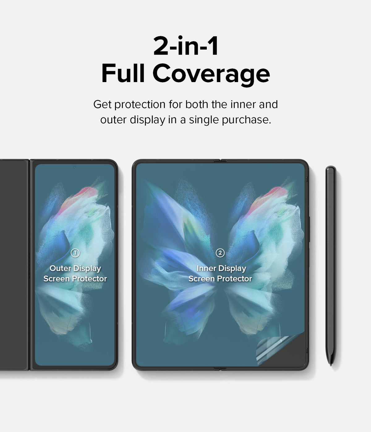 Galaxy Z Fold 4 Combo | Case + Screen Protector + Cover Display Glass - Galaxy Z Fold 4 Combo - Folded and unfolded phone screens with labeled outer and inner display protectors and a stylus.