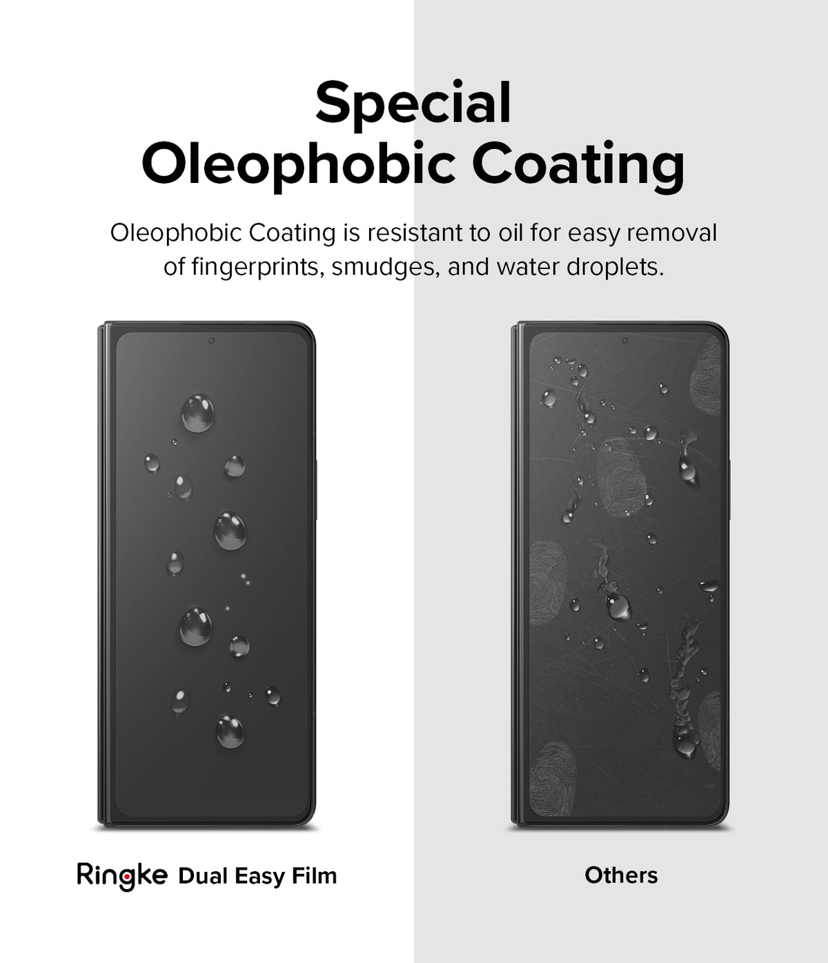 Galaxy Z Fold 4 Screen Protector | Dual Easy Film - Galaxy Z Fold 4 Screen Protector - Comparison showing Ringke film repelling water versus smudged, oily standard film.