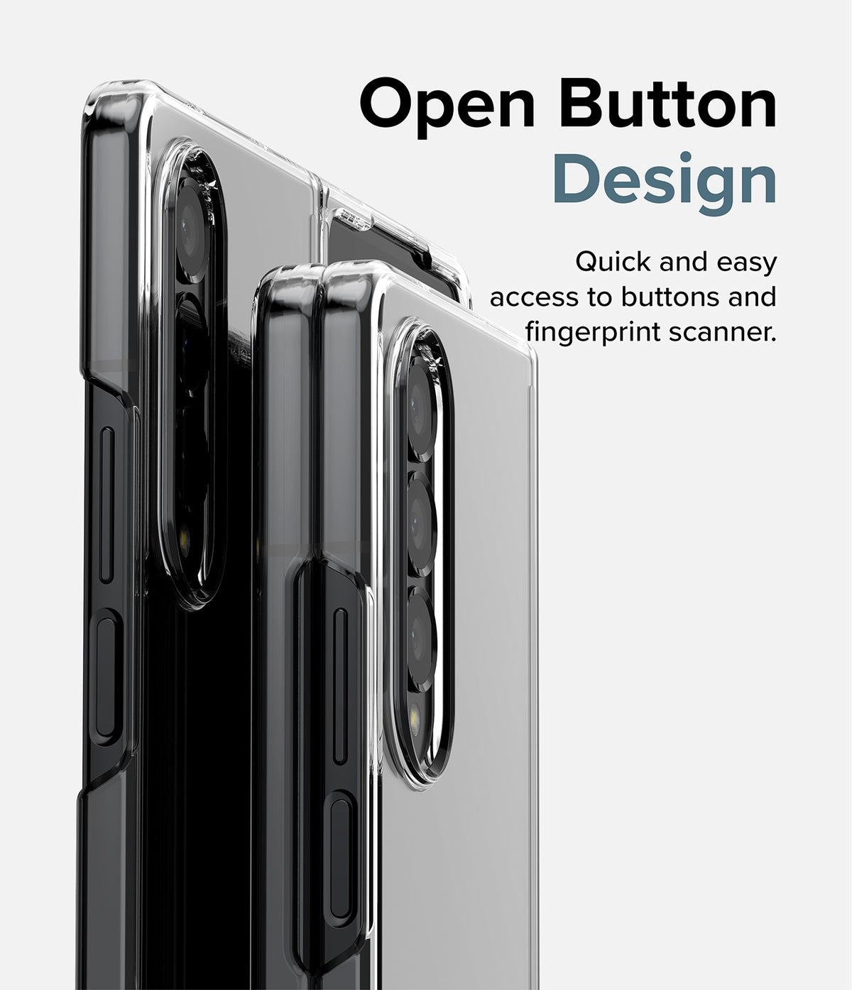 Galaxy Z Fold 4 Combo | Case + Screen Protector + Cover Display Glass - Galaxy Z Fold 4 Combo - Close-up of a clear phone case on a Galaxy Z Fold 4 highlighting the open button design.