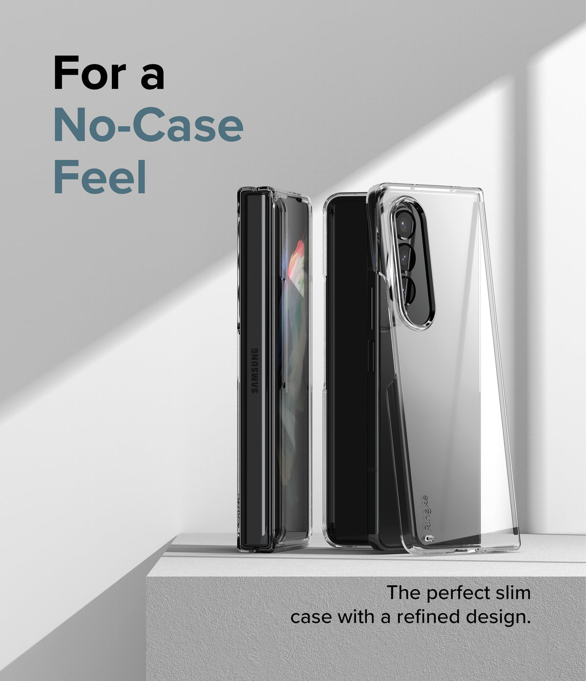 Galaxy Z Fold 4 Combo | Case + Screen Protector - A clear, slim case on a Galaxy Z Fold 4 against a minimalist background.