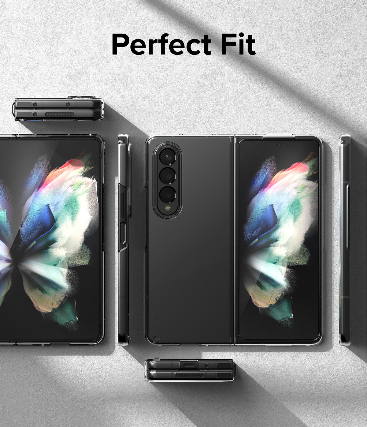 Galaxy Z Fold 4 Combo | Case + Screen Protector - Multiple views of a Galaxy Z Fold 4 in a clear case on a gray surface.