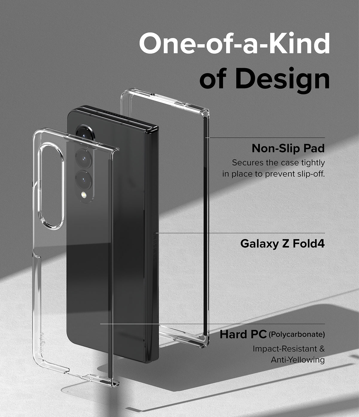 Galaxy Z Fold 4 Combo | Case + Screen Protector + Cover Display Glass - Galaxy Z Fold 4 Combo - Exploded view of a clear phone case and a black Galaxy Z Fold 4 with labels for non-slip pads and PC material.