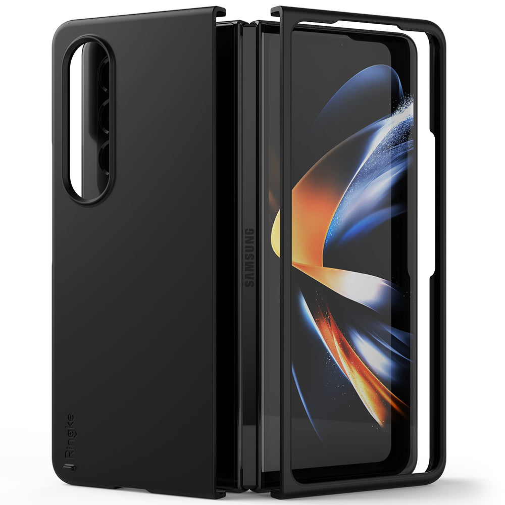 GIFT SET | Galaxy Z Fold 4 - Matte black protective case for Samsung Galaxy Z Fold 4 shown from a side-hinge angle.