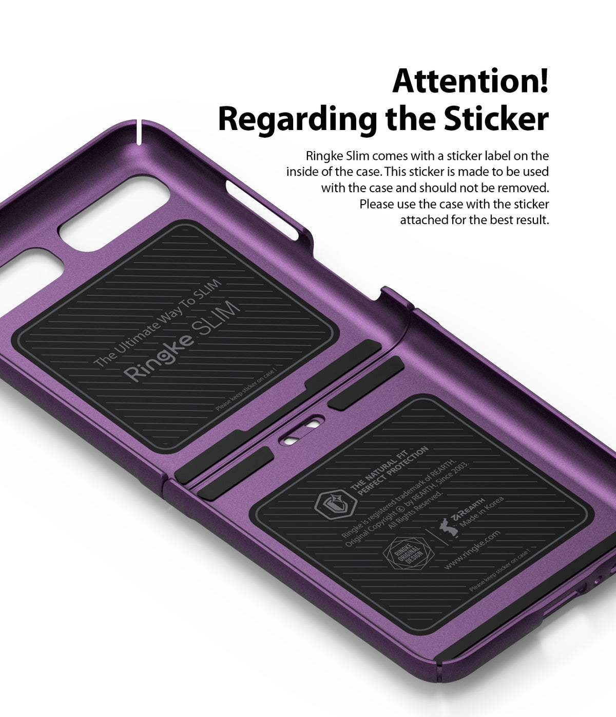 Galaxy Z Flip Case | Folio Signature Purple - Purple phone case interior with instructional text about adhesive stickers.