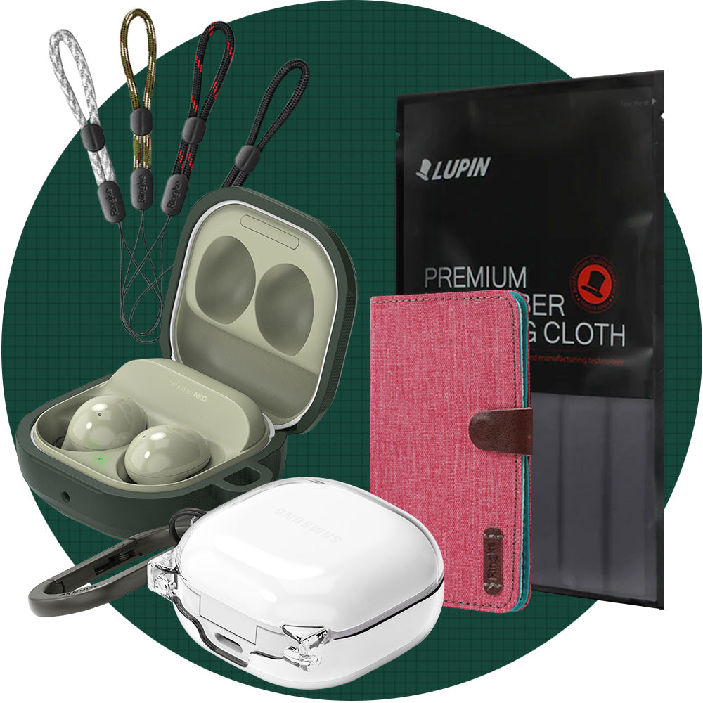 GIFT SET | Galaxy Buds2 Pro / Buds 2 / Buds Pro / Buds Live - Earbud cases, three lanyards, a pink wallet, and a cloth.