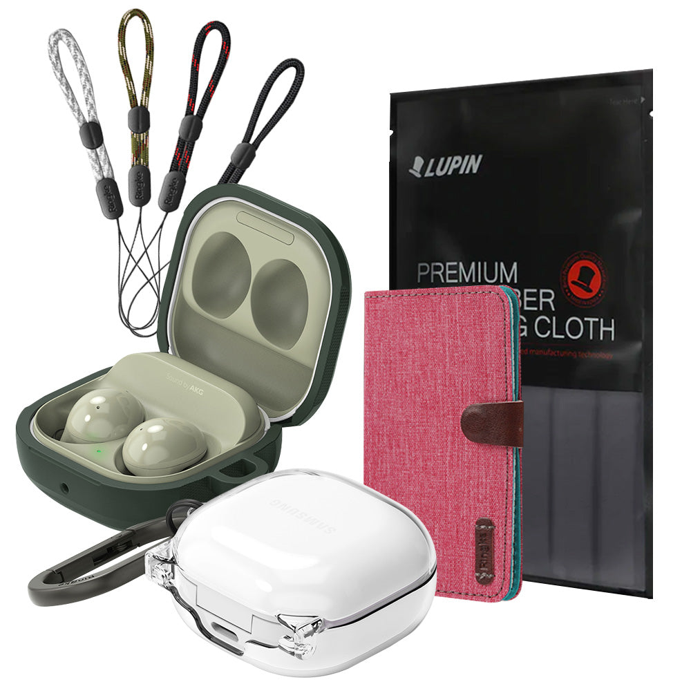 GIFT SET | Galaxy Buds2 Pro / Buds 2 / Buds Pro / Buds Live - Earbuds in olive case, clear cover, lanyards, and cloth.
