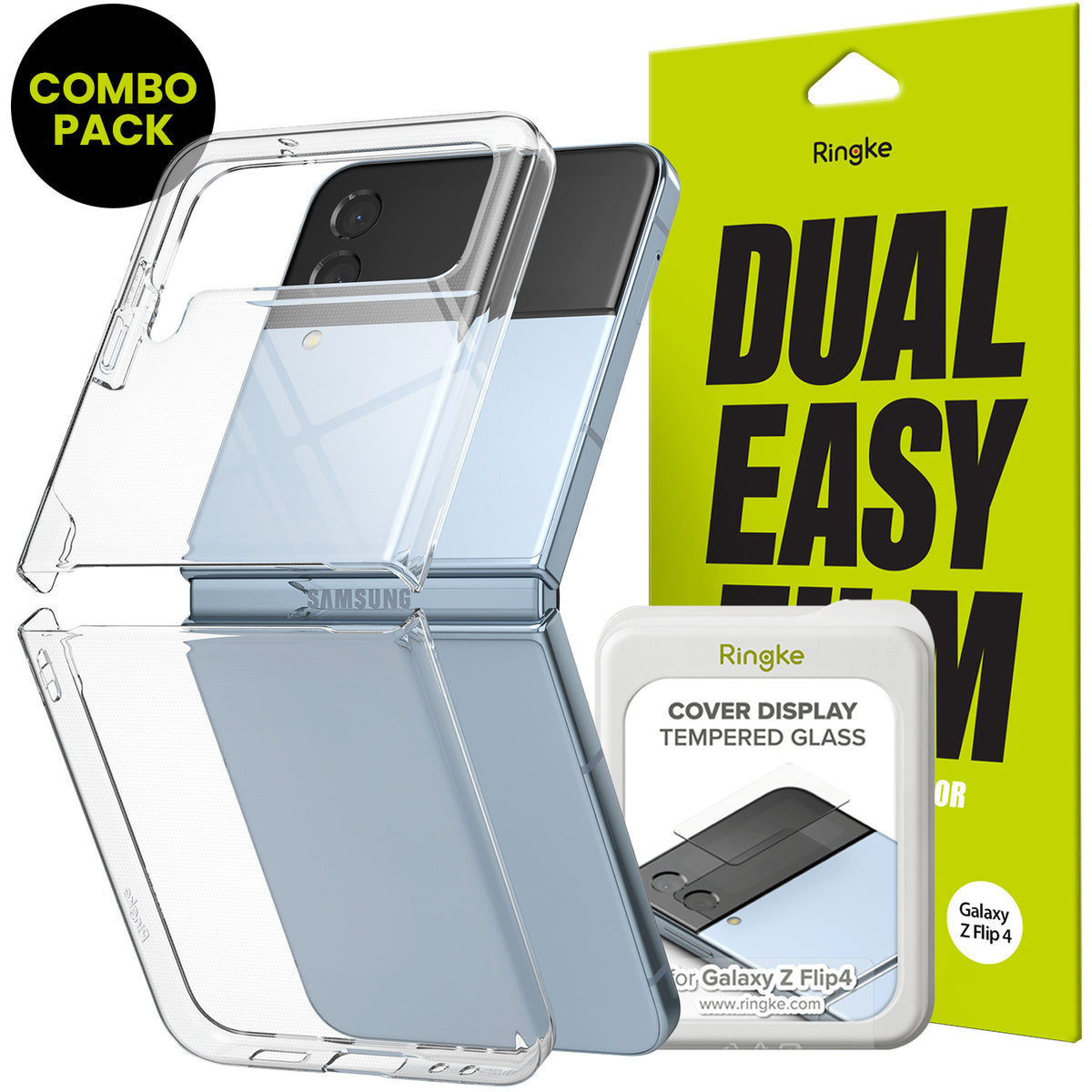 Galaxy Z Flip 4 Combo | Case + Screen Protector + Cover Display Glass - Galaxy Z Flip 4 Combo - Clear phone case, screen protector packaging, and cover display glass for Samsung Galaxy Z Flip 4.