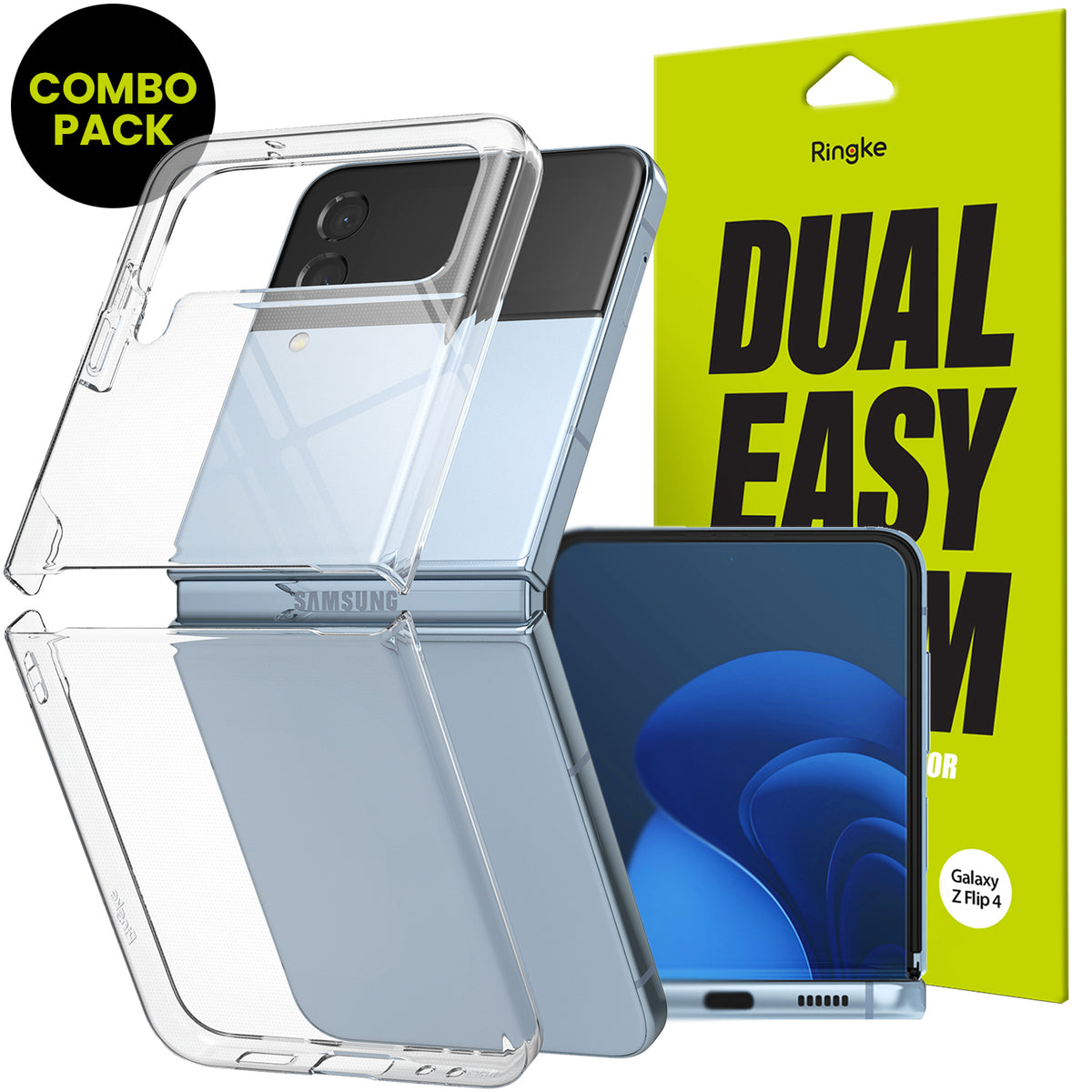 Galaxy Z Flip 4 Combo | Case + Screen Protector - Clear phone case and screen protector packaging for Galaxy Z Flip 4.