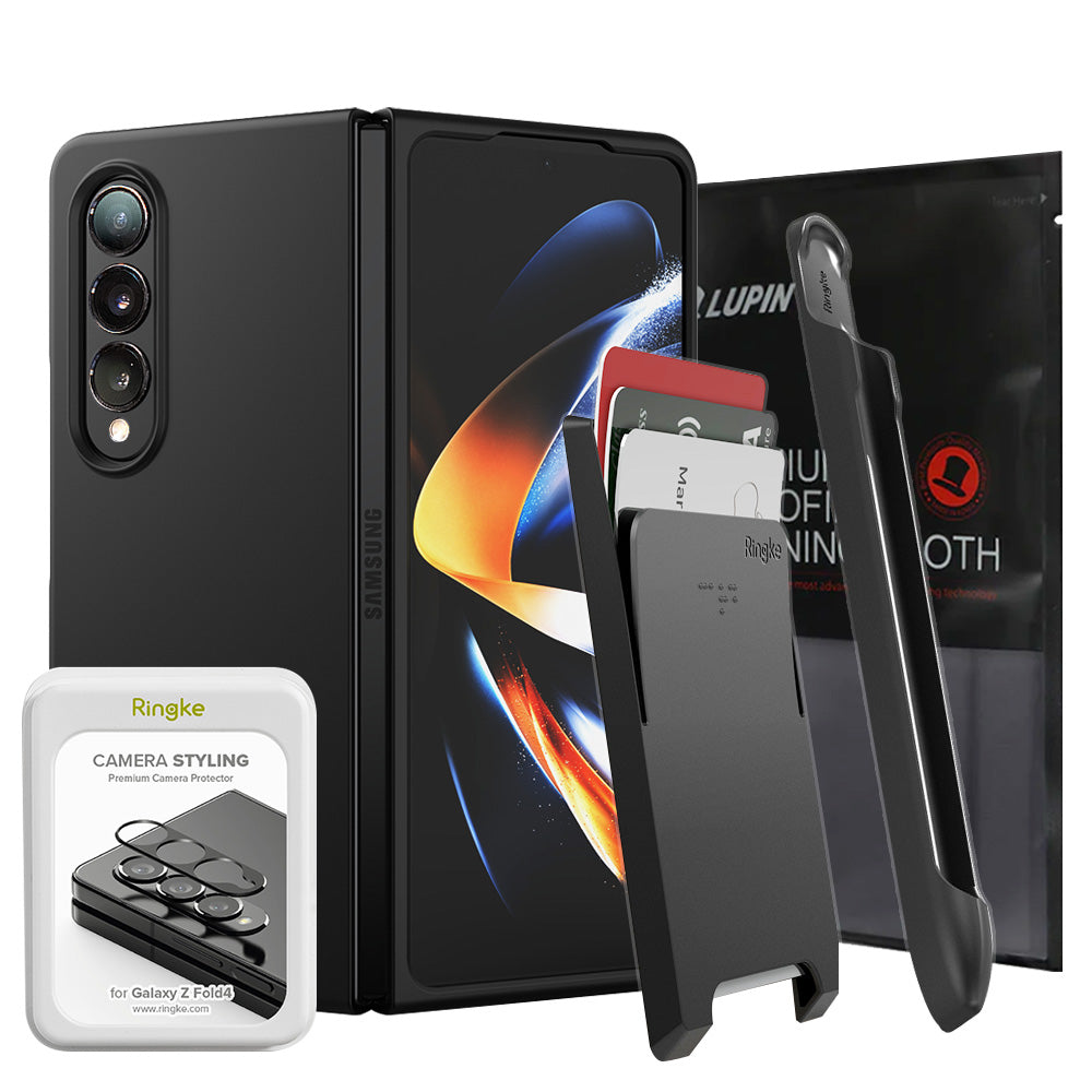 GIFT SET | Galaxy Z Fold 4 - Black phone case, card holder, camera protector, and screen film for Galaxy Z Fold 4.